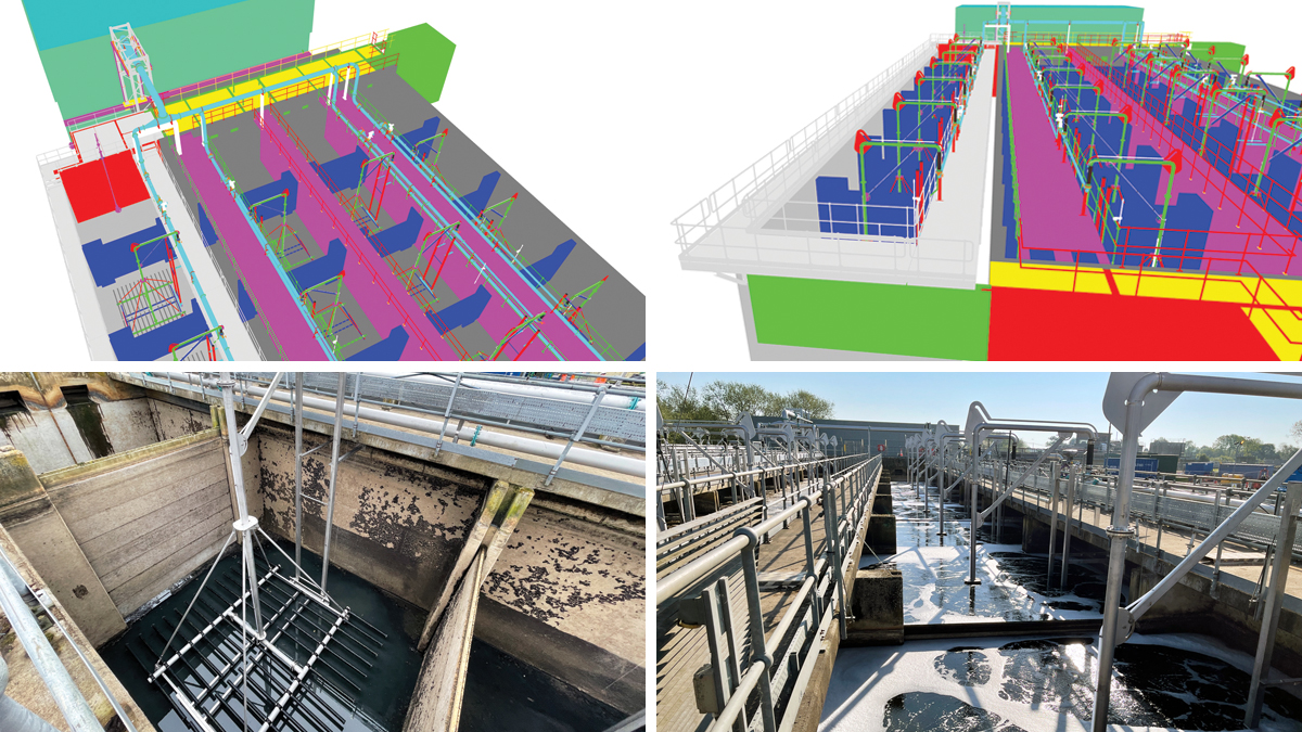 (top left) Extract from 3-D model showing ASP mechanical plant including removable diffuser grids, (top right) extract from 3-D model showing air distribution pipework, (bottom left) New diffuser grids in existing aeration lane and (bottom right) refurbished aeration lane during air test - Courtesy of MWH Treatment