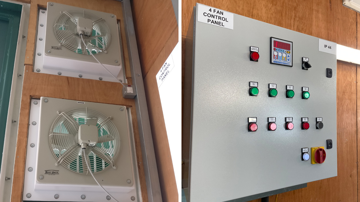 (left) Forced ventilation provided for the transformer and (right) fan control panel provided in the transformer kiosk for ventilation - Courtesy of Arup