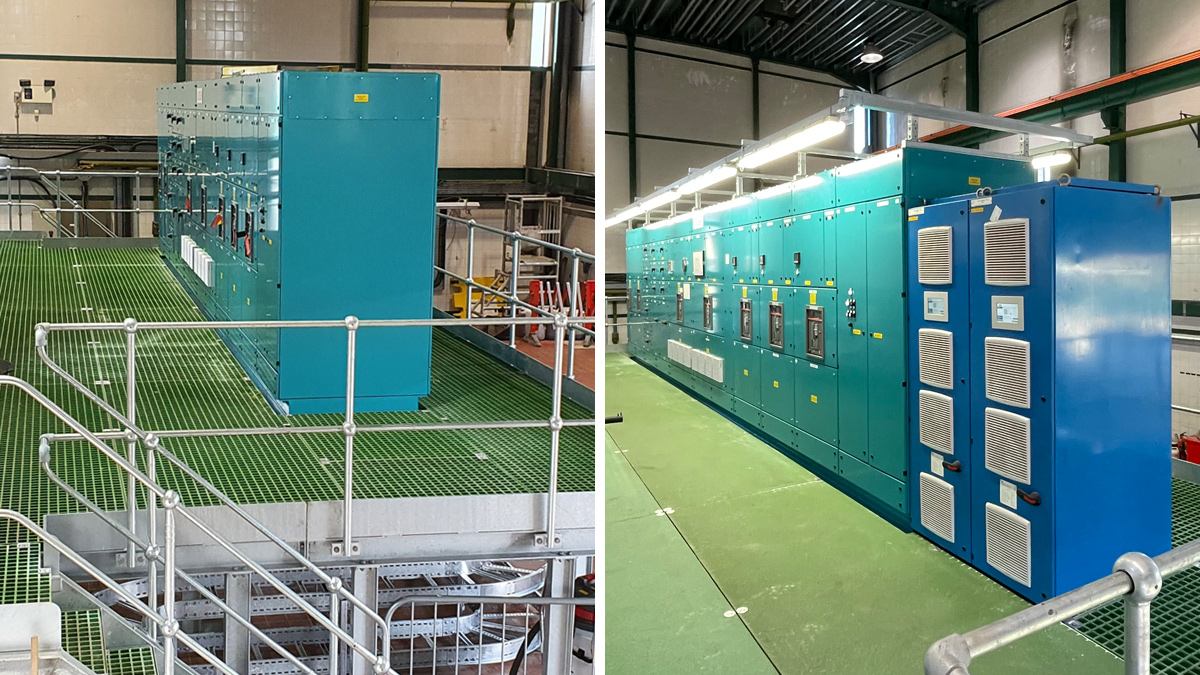(left) The low voltage distribution board in the cleared generator hall and (right) the low voltage distribution board and relocated active harmonic filters mounted on a structural steel platform - Courtesy of Arup