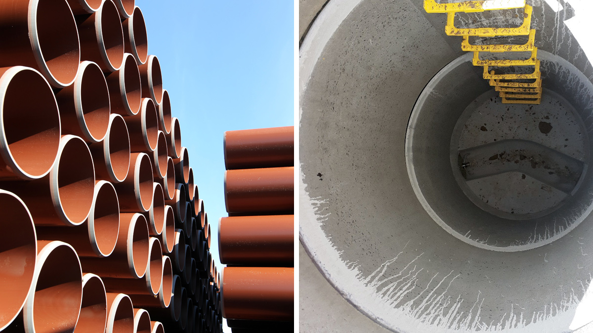 (left) Gravity sewer pipe from Funke Gruppe and (right) Marshalls CPM ‘Perfect Manhole’ system - Courtesy of Envolve Infrastructure