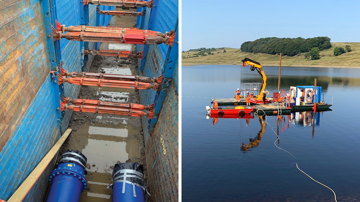 (left) Temporary works for the pipeline and (right) Dean Clough diving operations - Courtesy of Costain