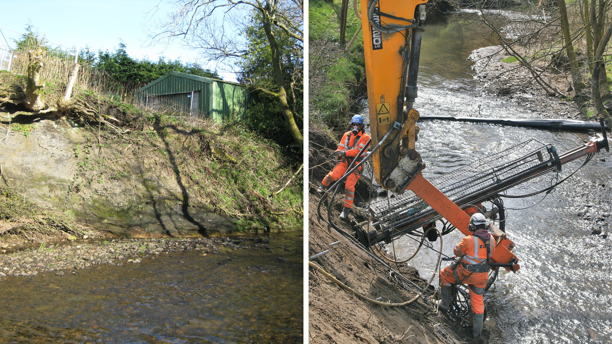 (left) Riverbank prior to stabilisation and (right) CAN Geotechnical undertaking slope stabilisation work - Courtesy of MWH Treatment