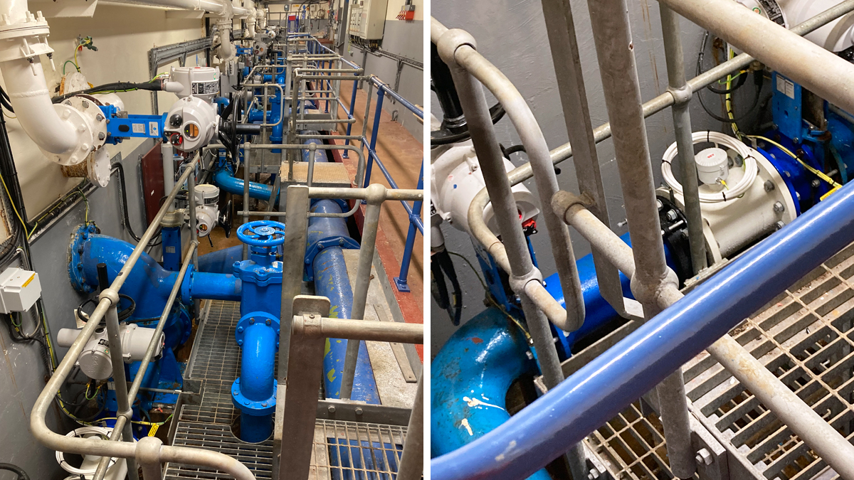 (left) Filter gallery pipework and (right) with ABB flow meter installed - Courtesy of Northumbrian Water