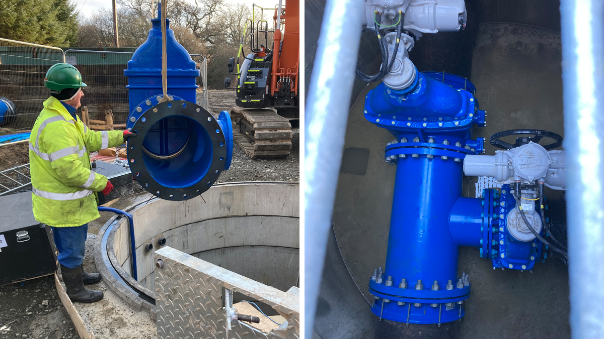(left) Tee piece being lowered into place and (right) tee piece installed with automated valving - Courtesy of Northumbrian Water