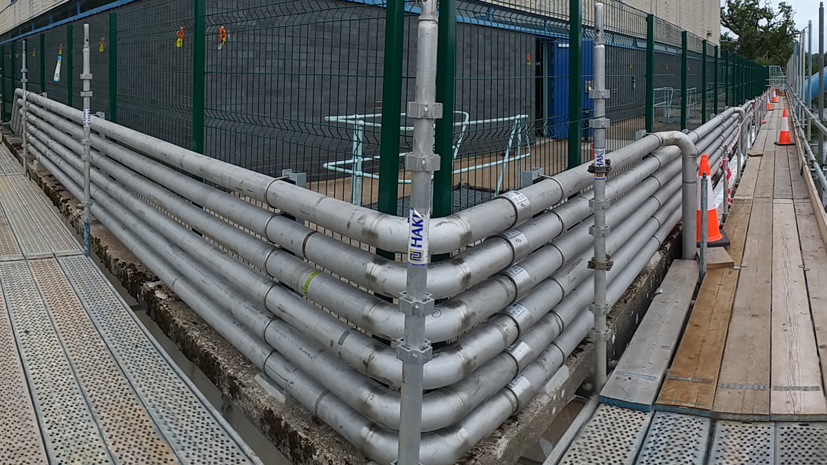 Compressed air pipework installed around perimeter security fencing - Courtesy of Integrated Water Services (M&E) Ltd