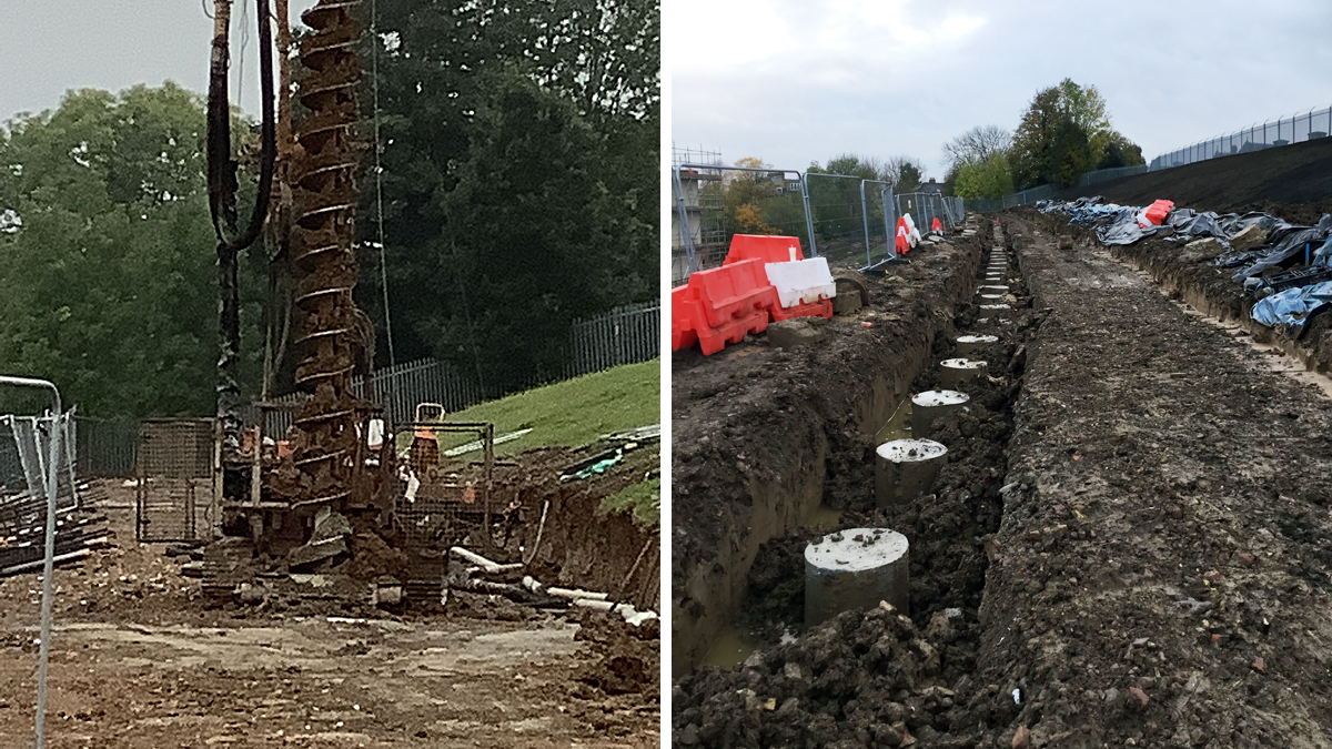 (left) CFA piling rig in operation and (right) pile mat with completed piles - Courtesy of MWH Treatment