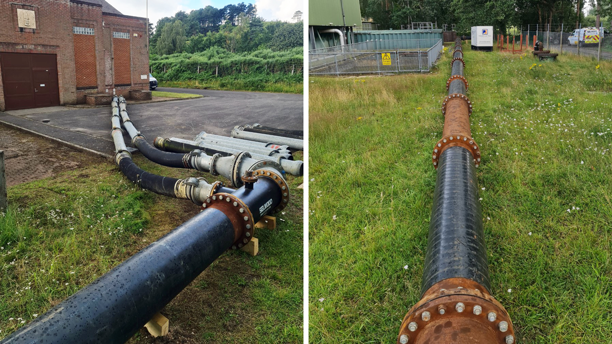 (left) Section of PN16 DN600 150m temporary overland pumped raw water delivery and (right) dualled section of temporary overland pipework discharging into the existing pumping station - Courtesy of Bournemouth Water