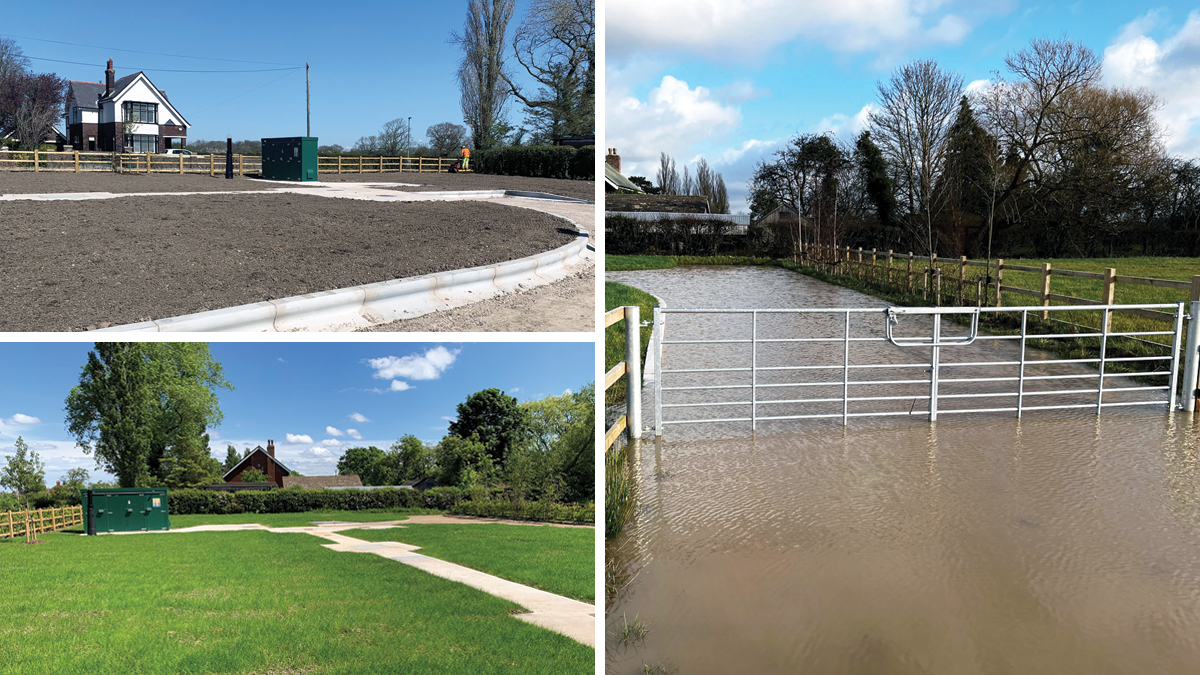 (top left) Detention tank site reinstated pre-seeding, (bottom left) completed works and compound and (right) flooded compound following heavy rain - Courtesy of United Utilities