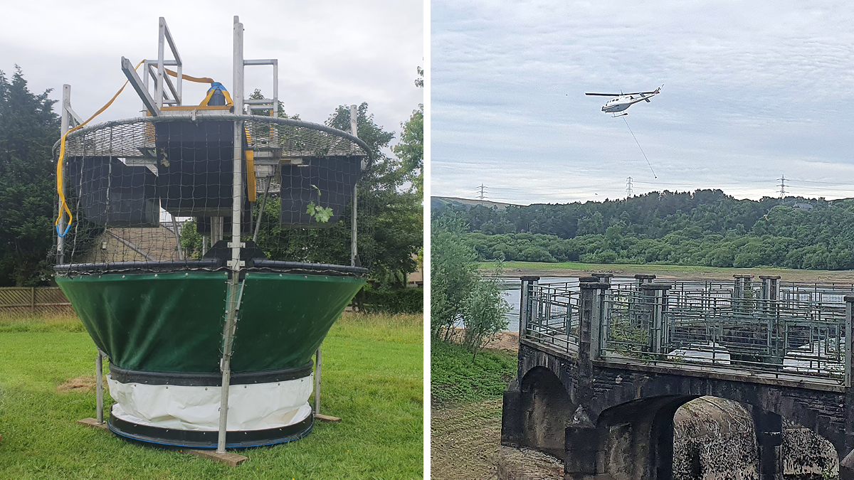 (left) Gurney Environmental mixer prior to the helicopter lift and (right) Helicopter lifting the mixer into place at Wayoh Impounding Reservoir - Courtesy of Costain