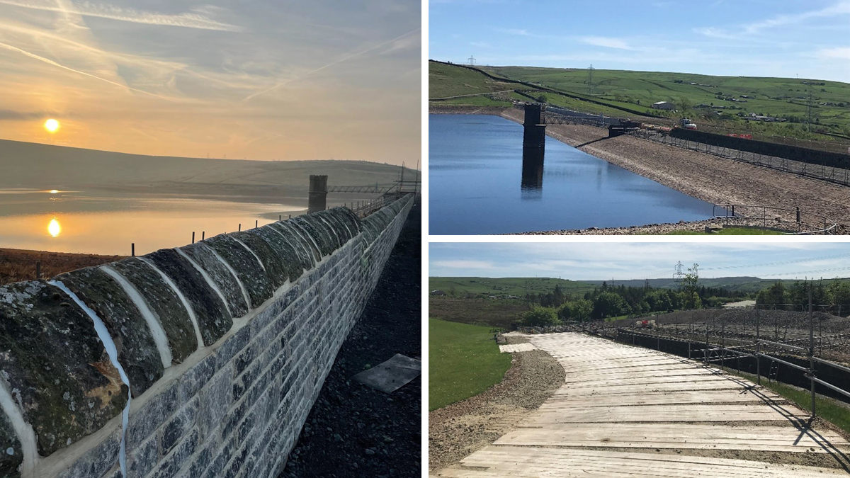 Clough Bottom Reservoir: (left and top right) wavewall construction and (botton right) spillway temporary works access - Courtesy of Costain