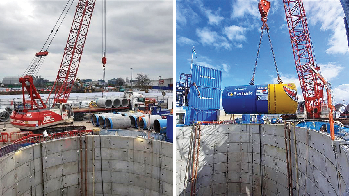 (left) Ground level works and (right) lowering the TBM into Shaft A and preparation for drive - Courtesy of Barhale & North London Waste Authority