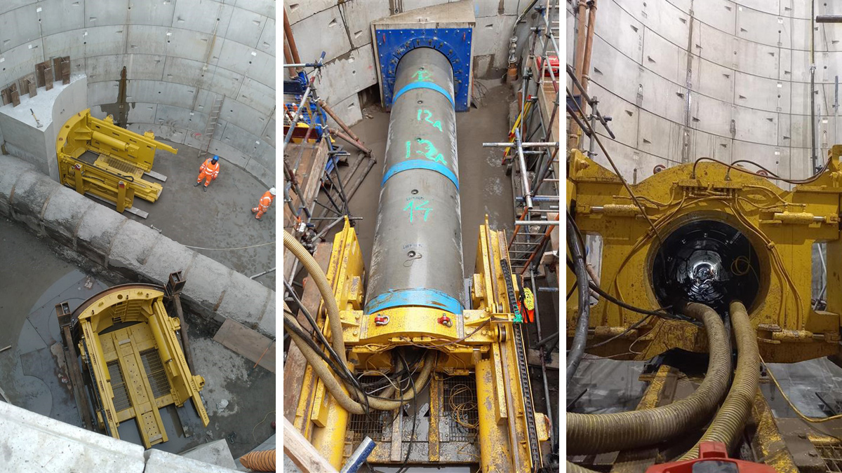 (left) Jacking rigs and (middle/right) Shaft A to Shaft B drive - Courtesy of Barhale & North London Waste Authority