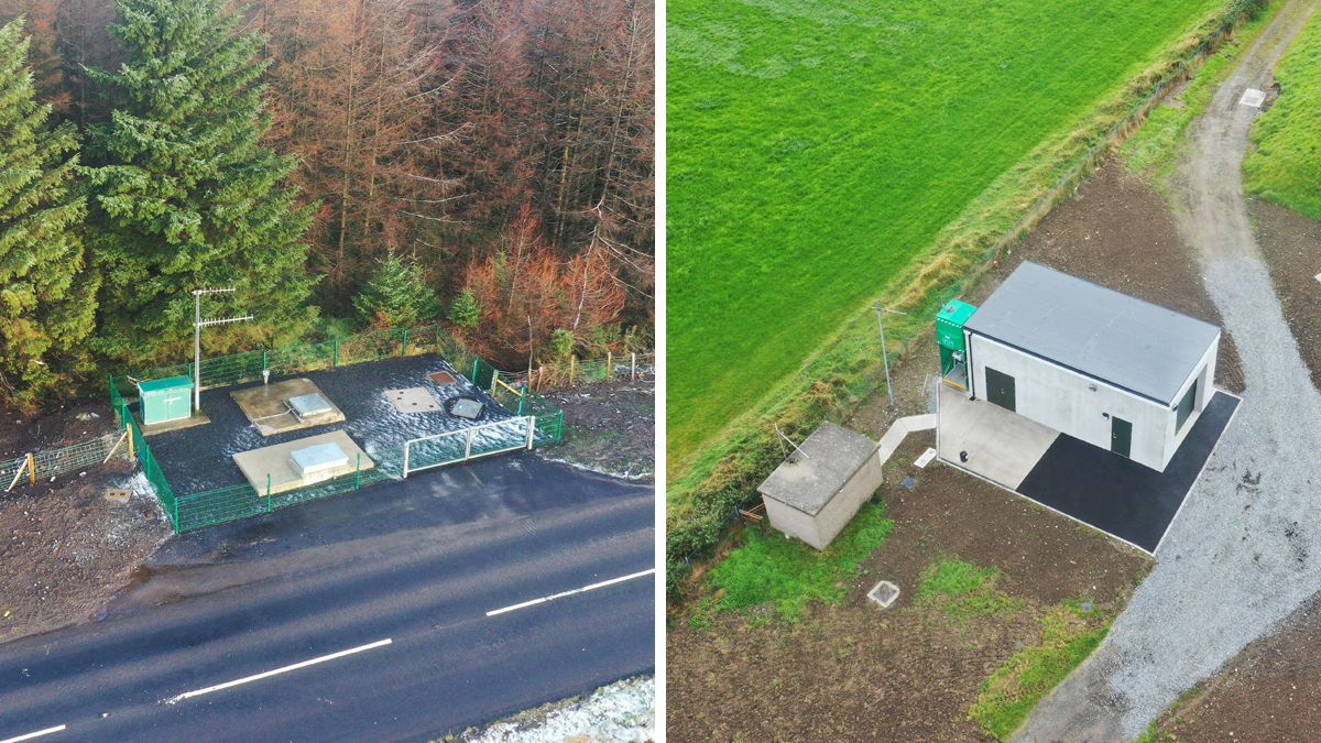 (left) Windyhill Break Pressure Tank completed site and (right) Avish Hill SR: chlorine dosing building - Courtesy of BSG Civil Engineering Ltd