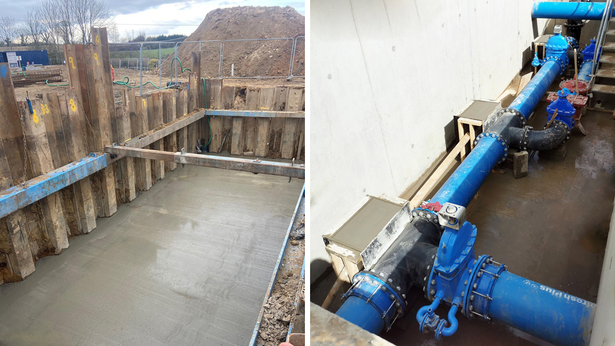 (left) Temporary works arrangement required for the Moys valve chamber and (right) Moys valve chamber following pipework installation - Courtesy of BSG Civil Engineering Ltd