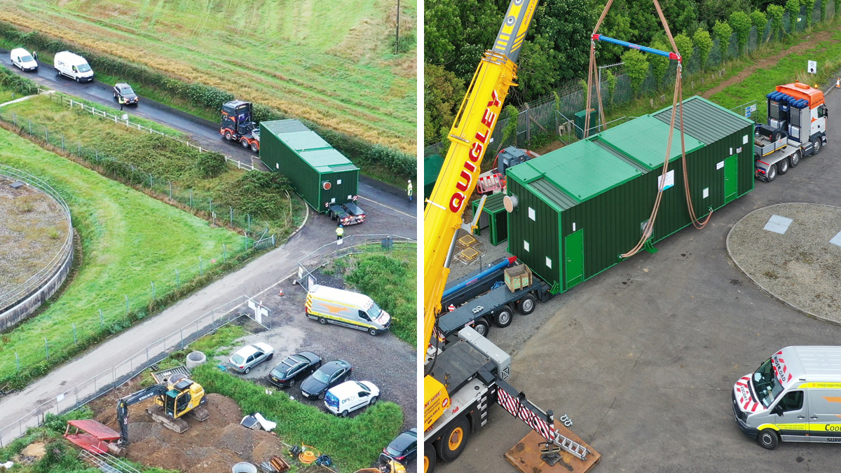 (left) Delivery of pumping station unit to Moys and modular pumping station installation underway (right) - Courtesy of BSG Civil Engineering Ltd