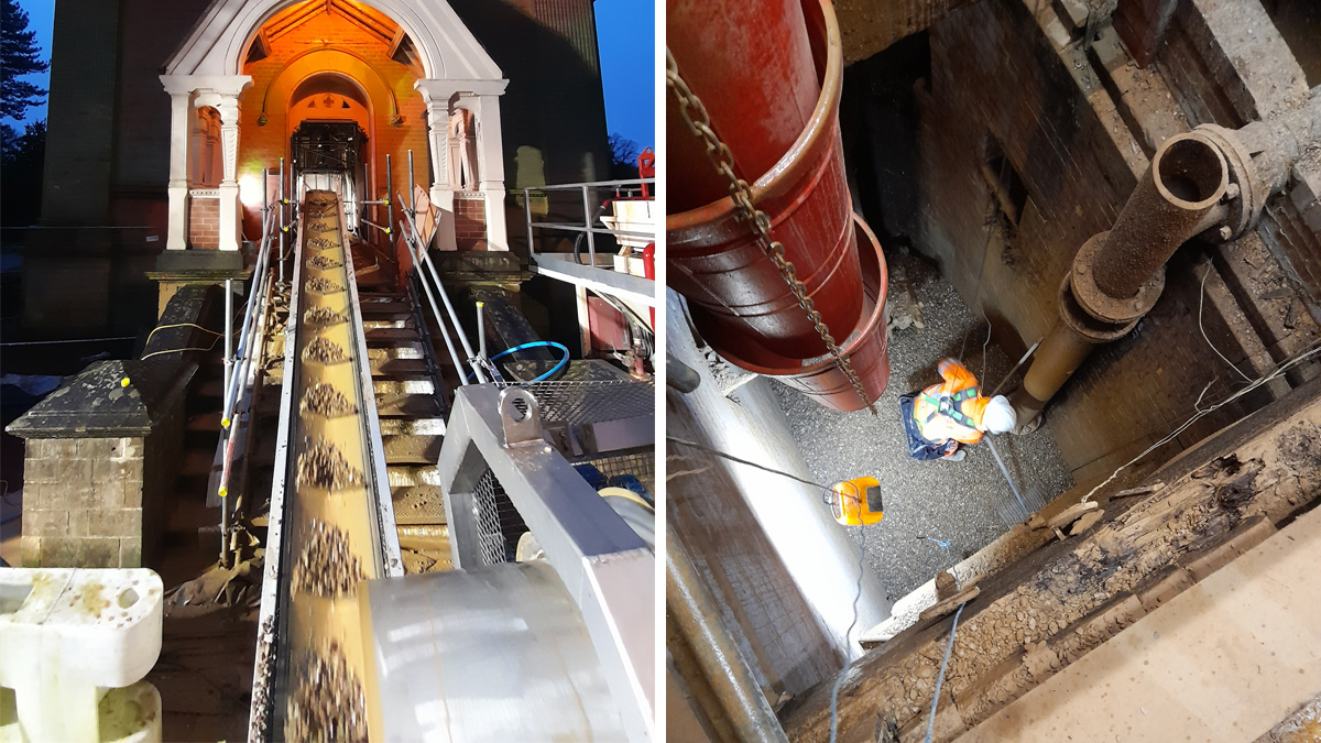 (left) Conveyor system into historic pump house and (right) levelling of gravel within shaft - Courtesy of Galliford Try