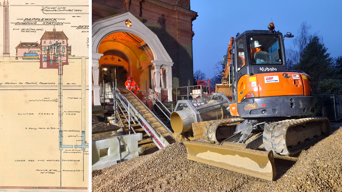 (left) Original drawing showing link between on-site wells and (right) gravel installation using a trommel - Courtesy of Galliford Try