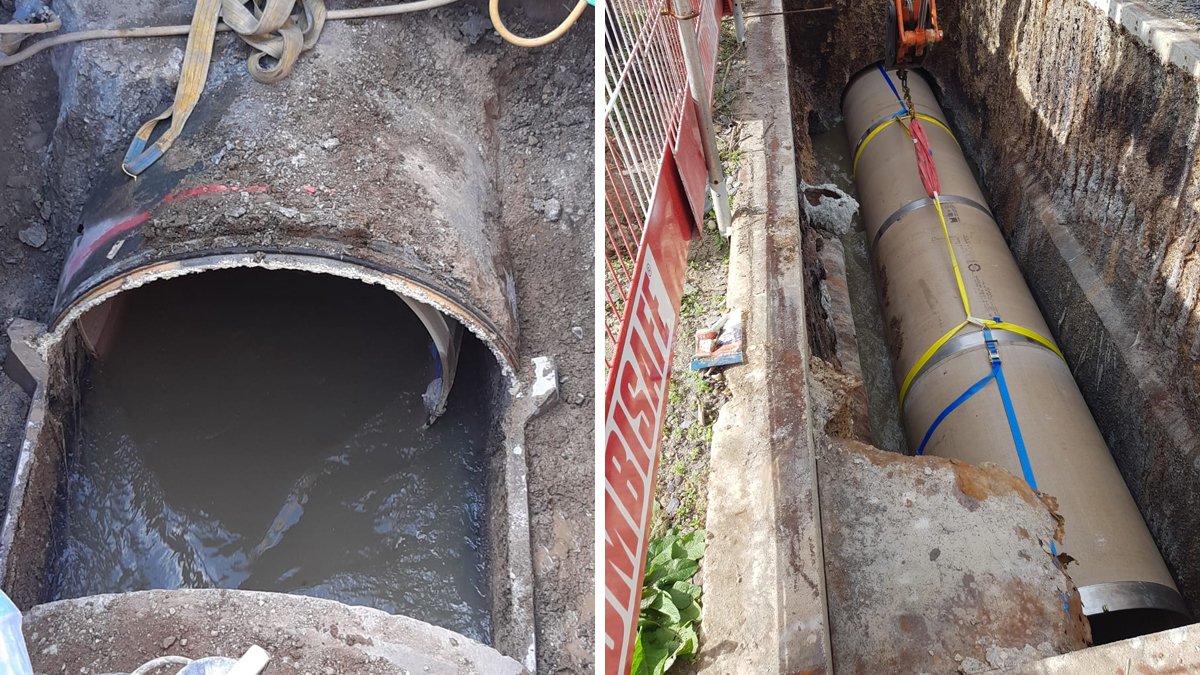 (left) Live flow conditions and (right) inserting a new section of Amiblu Norway AS GRP pipe - Courtesy of @one Alliance