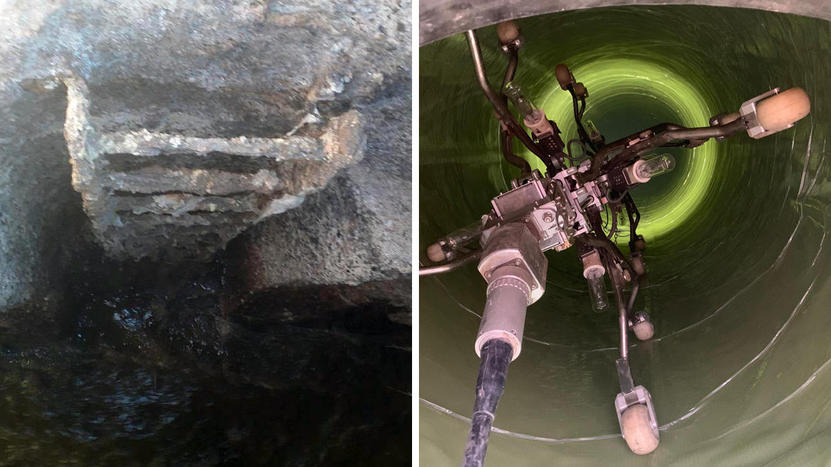 (left) H2S attack on a manhole and (right) inside a relined section of pipe - Courtesy of @one Alliance