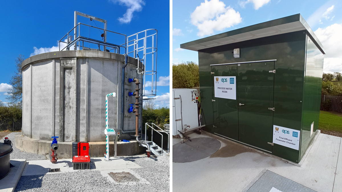 (left) View of the new sludge holding and decanting tank and (right) process water (washwater) kiosk - Courtesy of EPS Group