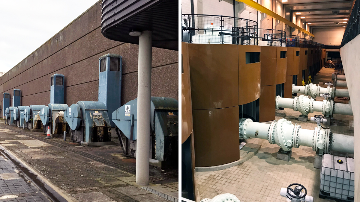 (left) Existing band screens and (right) Existing pump manifold prior to upgrade - Courtesy of Mott MacDonald Bentley