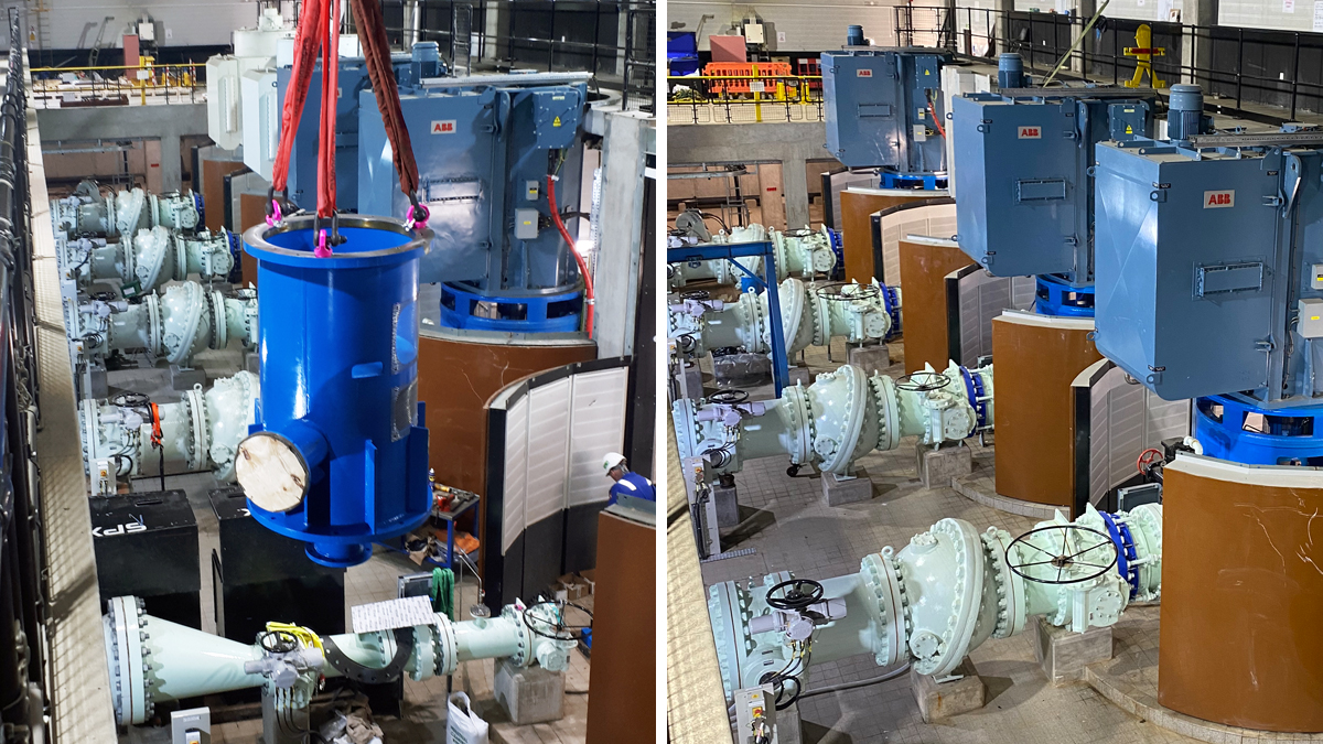 (left) Installation of new 20 MLD pump and (right) refurbished 90 MLD pumps with new motors - Courtesy of MMB