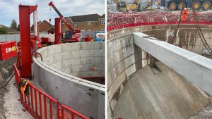 Detention tank shaft construction: (left) jacking ring and (right) roof beams installation - Courtesy of United Utilities