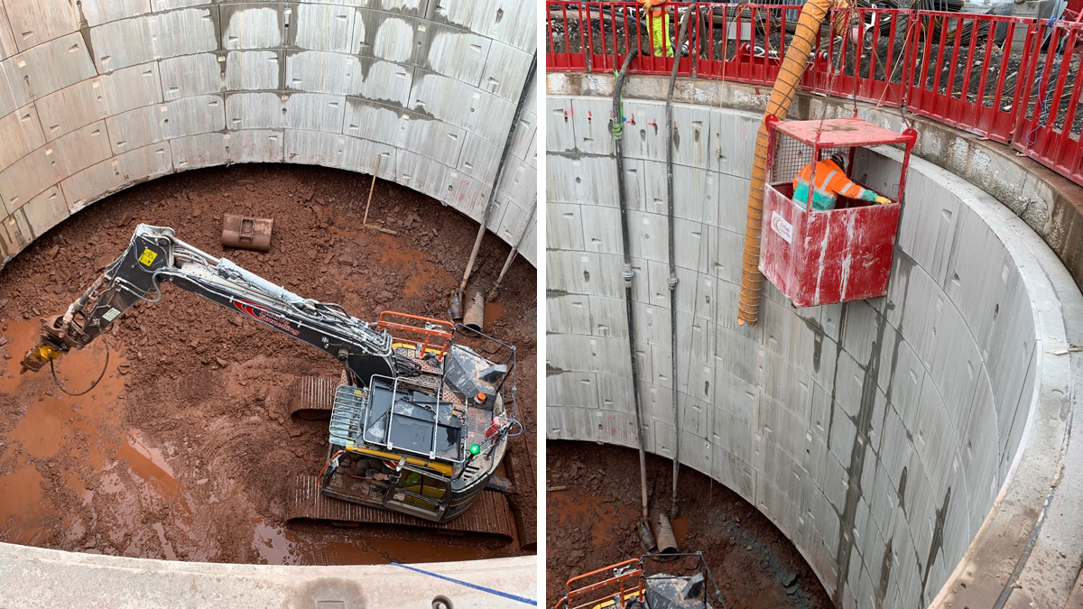 Detention tank shaft construction: (left) excavation and under-reaming for base slab and (right) dowelling of rings into concrete collar - Courtesy of United Utilities