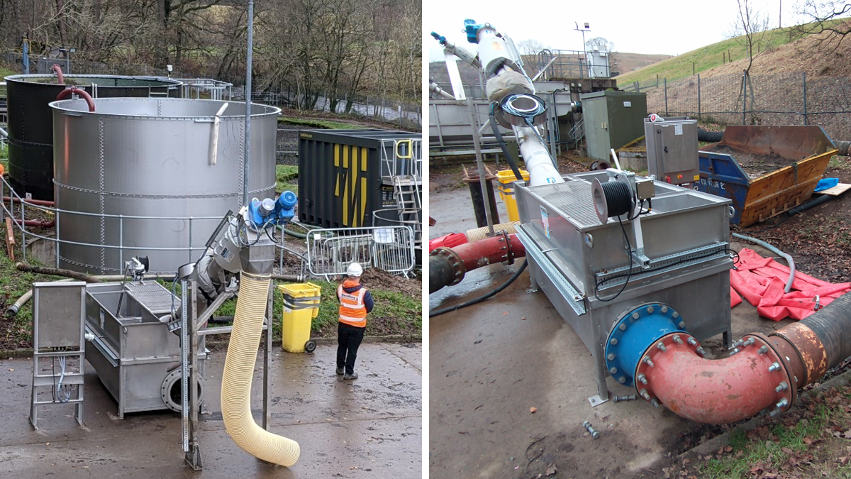 (left) Temporary hire screen and balance tank adjacent to new sludge tank and (right) temporary overland flow diversion pipework from inlet reception chamber to temporary screen - Courtesy of MMB
