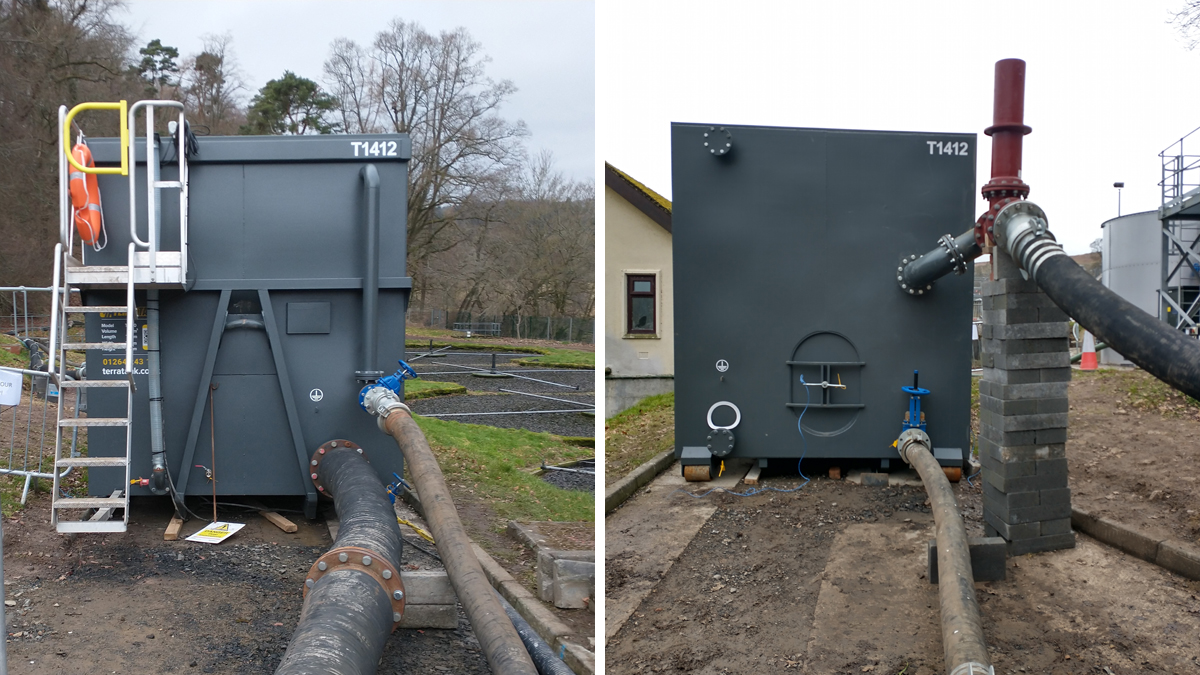 (left) Inlet end and (right) outlet end of the temporary works flow balance tank - Courtesy of MMB