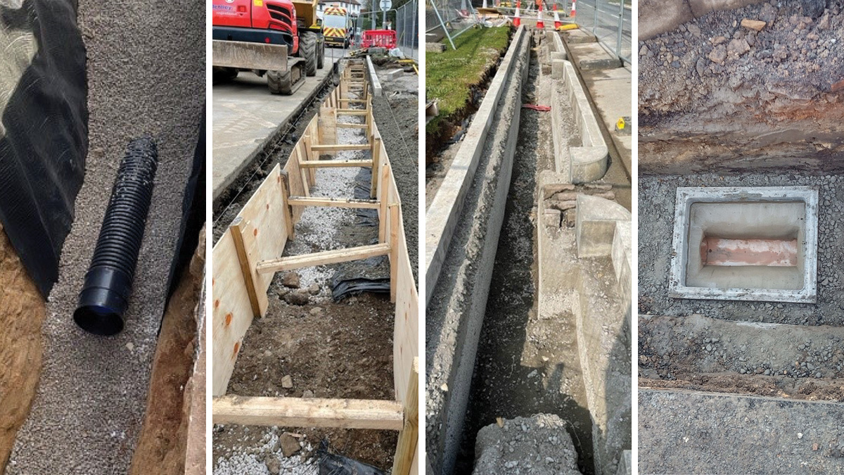 Construction of the membrane-lined bioretention trench with perforated pipe and granular bedding and the reinstatement works, kerbing and Kedleston Road inspection chamber - Courtesy of MMB