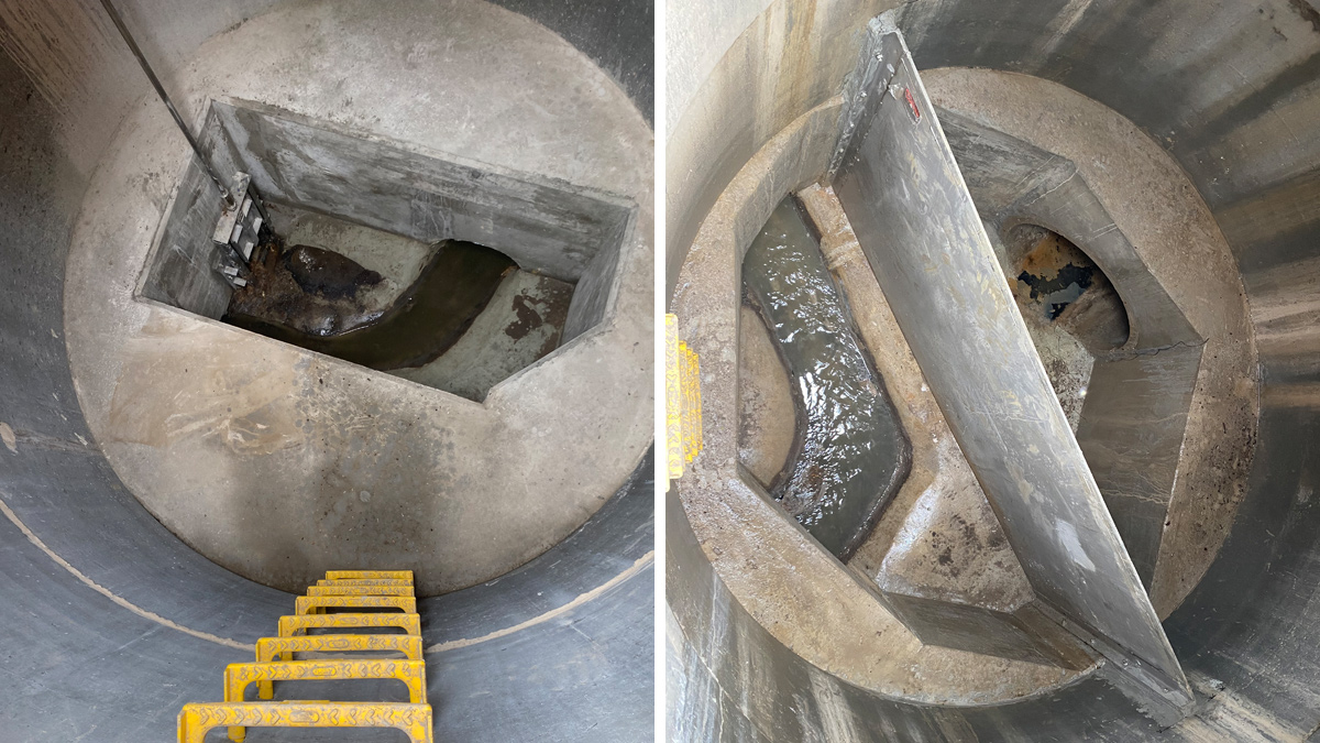 (left) A look inside the finished manhole (MH2) prior to the throttle pipe section and (right) manhole (MH1) with weir plate, guiding flows towards the throttled ‘flow control’ at manhole MH2 - Courtesy of MMB