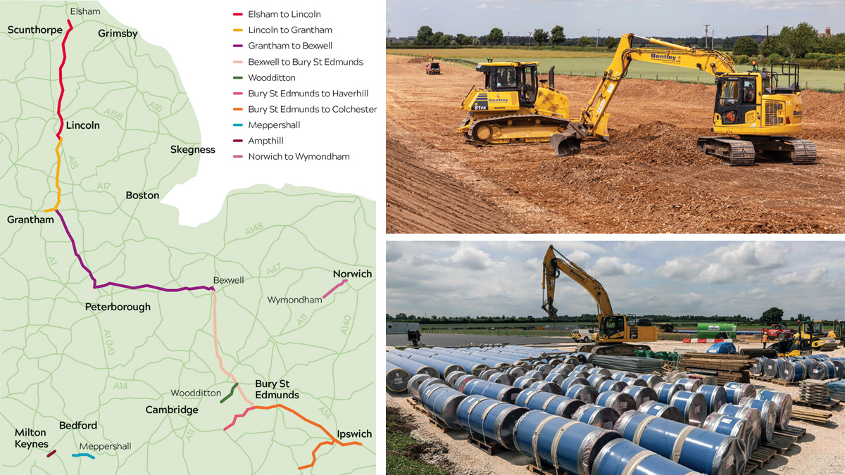 (left) Map showing the Strategic Pipeline Alliance pipeline sections and (right) stripping topsoil and pipes in temporary storage - Courtesy of SPA