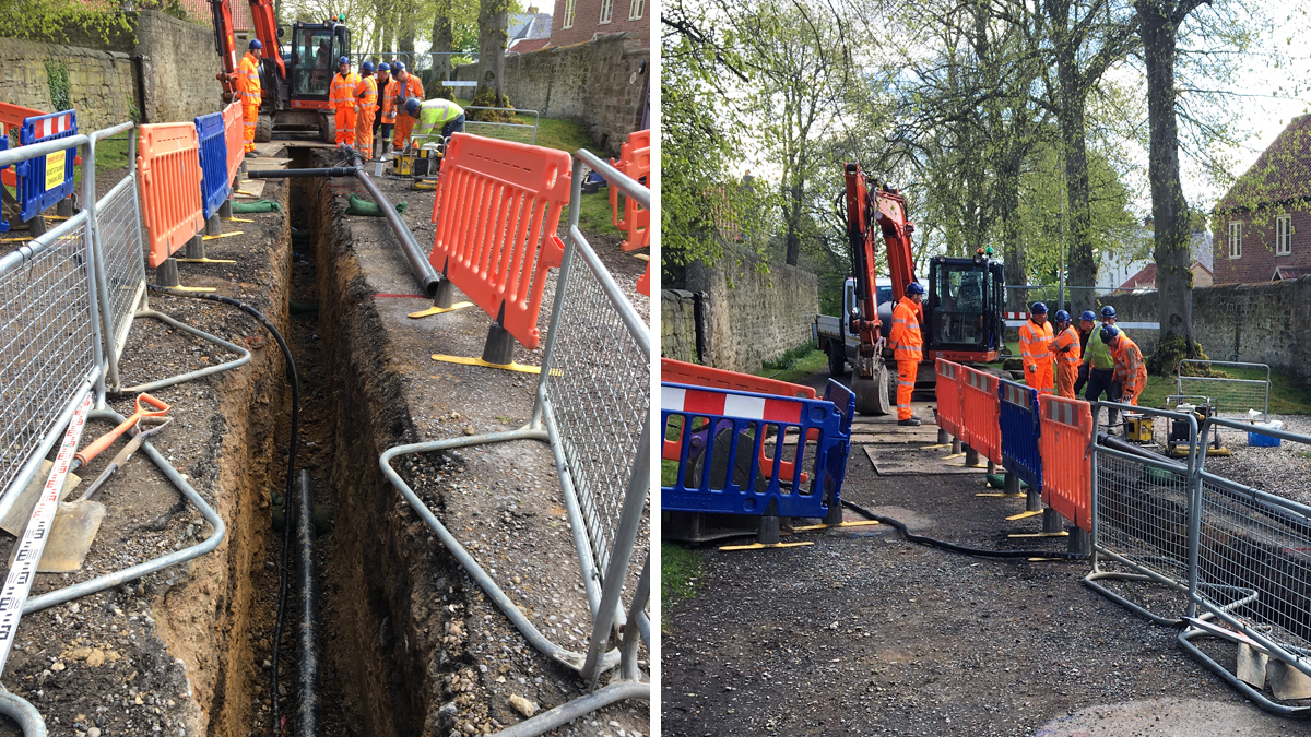 (left) Vacuum sewer and cable duct and (right) vacuum sewer laying through the village - Courtesy of Severn Trent