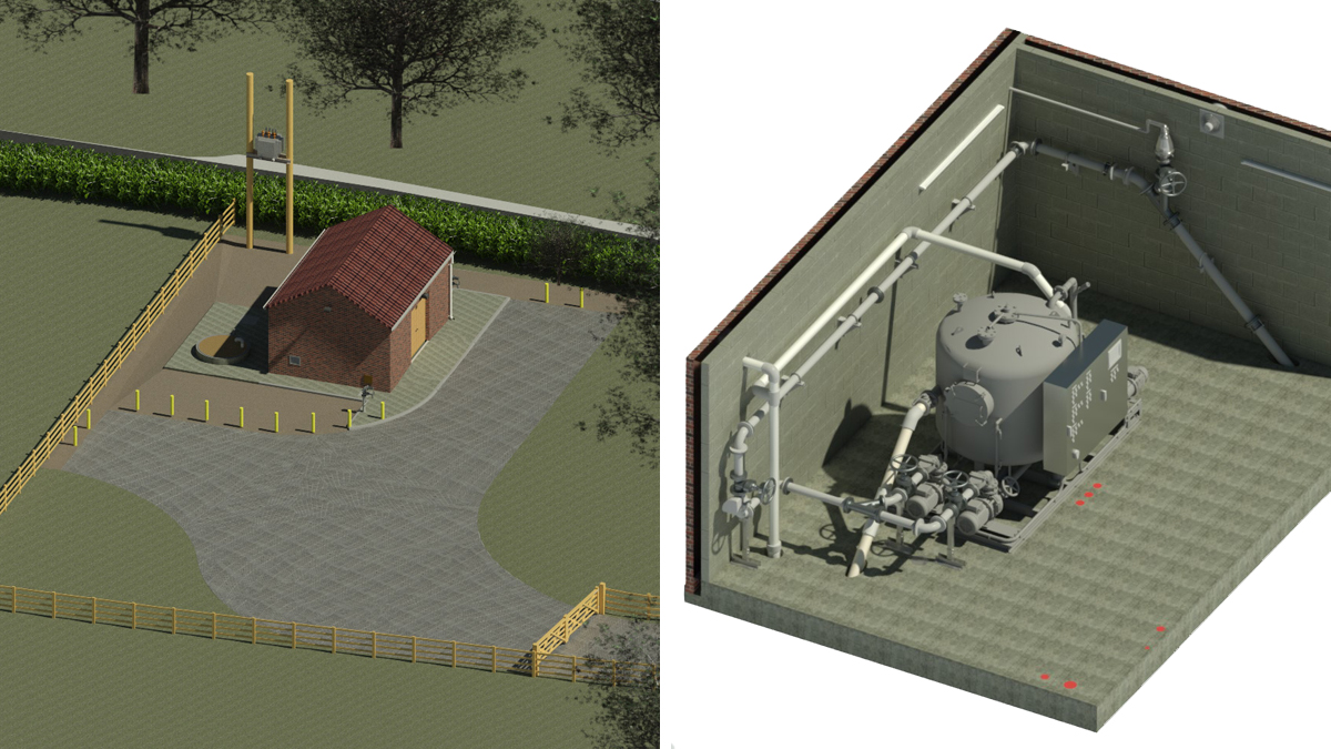 (left) 3D proposed site render and (right) vacuum station building internal view render - Courtesy of Galliford Try