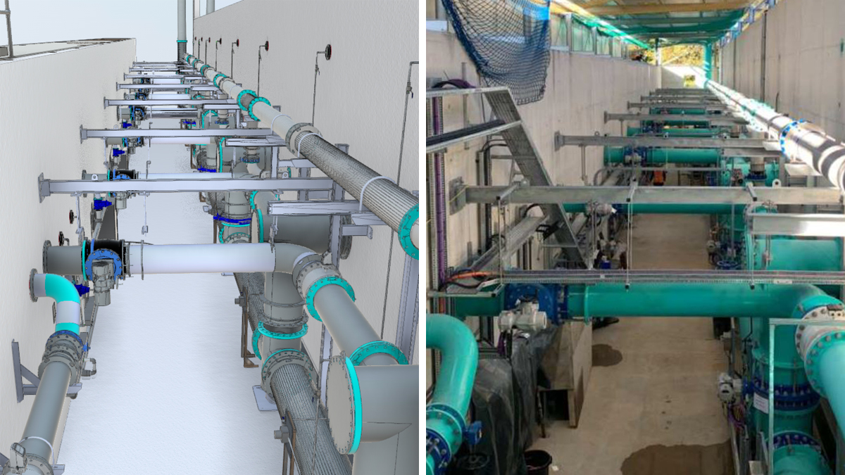 (left) RGF pipework gallery 3D model and (right) RGF pipework gallery - Courtesy of Mott MacDonald Bentley