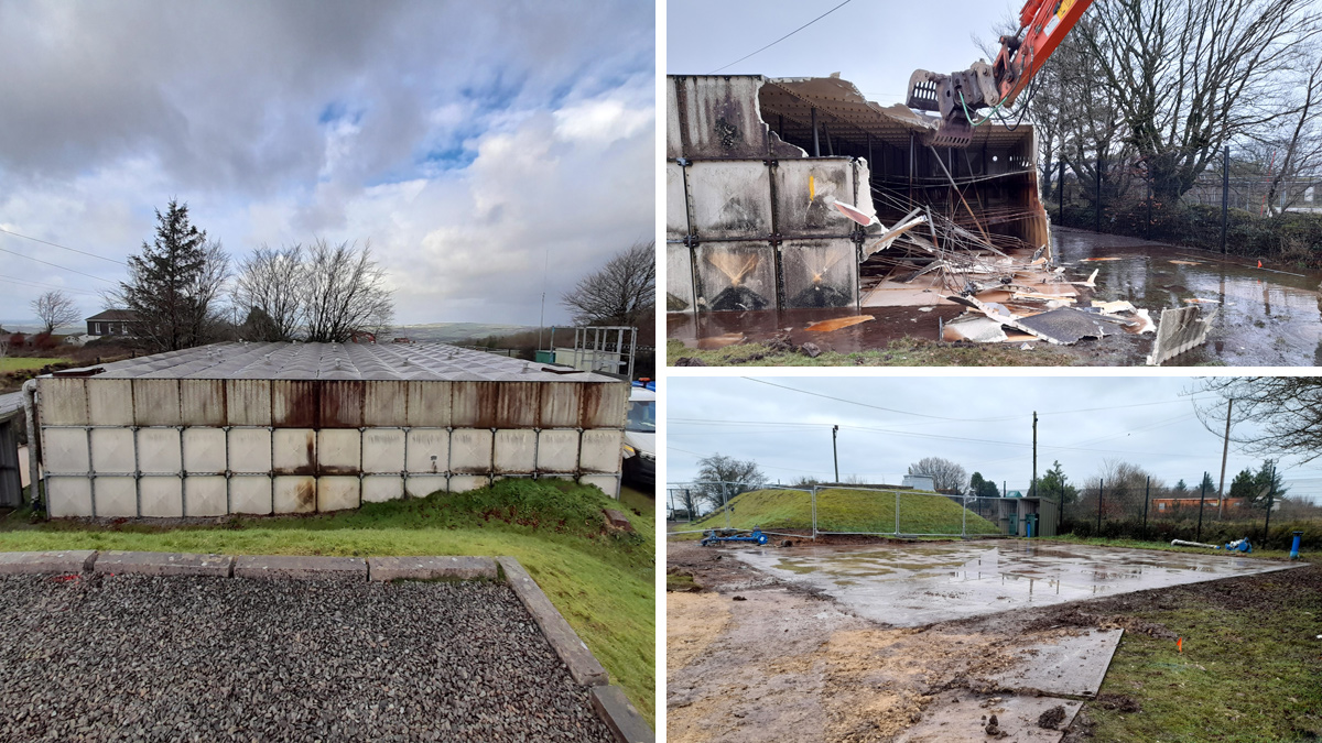 (left) The existing temporary reservoir, (top right) the demolition of the temporary tank and (bottom right) the view of site following tank removal - Courtesy of Galliford Try