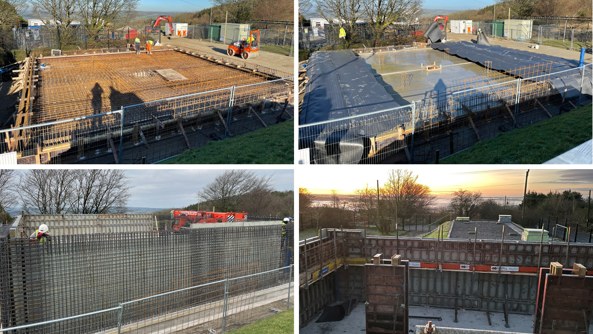 (top left) Installation of steel reinforcement for new reservoir on existing tank slab, (top right) frost blanket placement as pour undertaken late January 2022, (bottom left) steel reinforcement for tank wall with internal shutter erection and (bottom right) column and wall shutters ready for concrete pour - Courtesy of Galliford Try