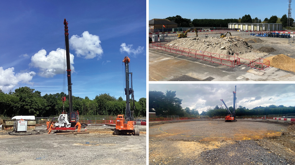 (top right) Final stage of demolition and the start of the large diameter pipework buried below the GAC contactors and process buildings and (left & bottom right) temporary works: installation of sheet piles prior to the excavation of the regen tank and chlorine contact tank - Courtesy of KIER