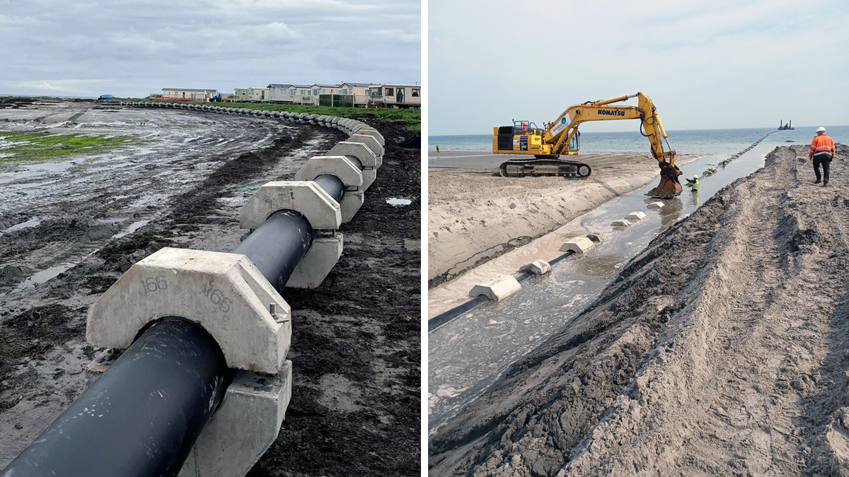 (left) Onshore pipeline assembly - Courtesy of Farrans, and (right) installation of concrete kennels - Courtesy of NI Water