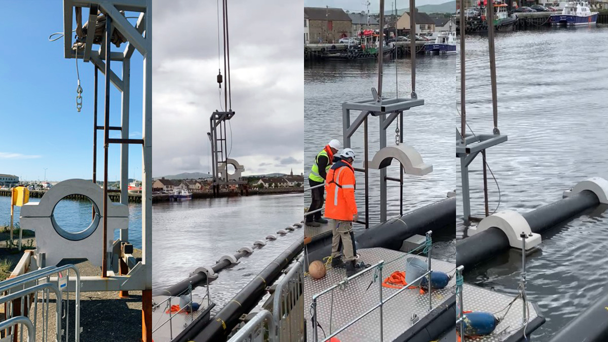 Outfall pipe concrete collars being fitted in water with special lifting equipment - Courtesy of Van Oord Ireland