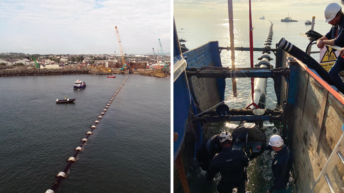 (left) Outfall pipe during sinking operation and (right) outfall pipe aligned prior to sinking operation - Courtesy of Van Oord Ireland