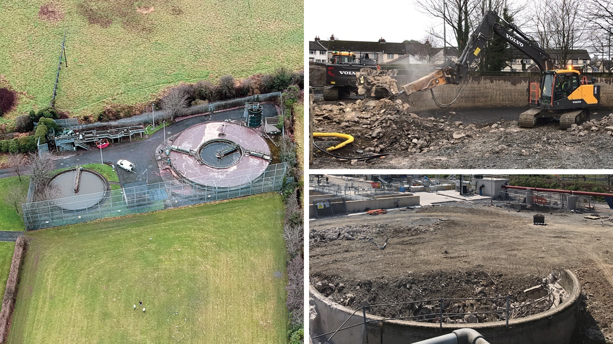 (left) Existing Ballygowan WwTW - Courtesy of NI Water and (right) demolition in progress: (top) the existing storm tank and (bottom) the existing CAS basin tank - Courtesy of  GEDA Construction