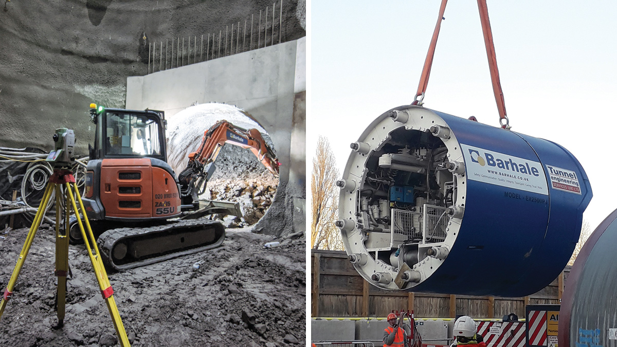 (left) Excavation at the shaft base and (right) 2.5m ID tunnel excavator machine (TEM) being lowered into drive shaft - Courtesy of Barhale