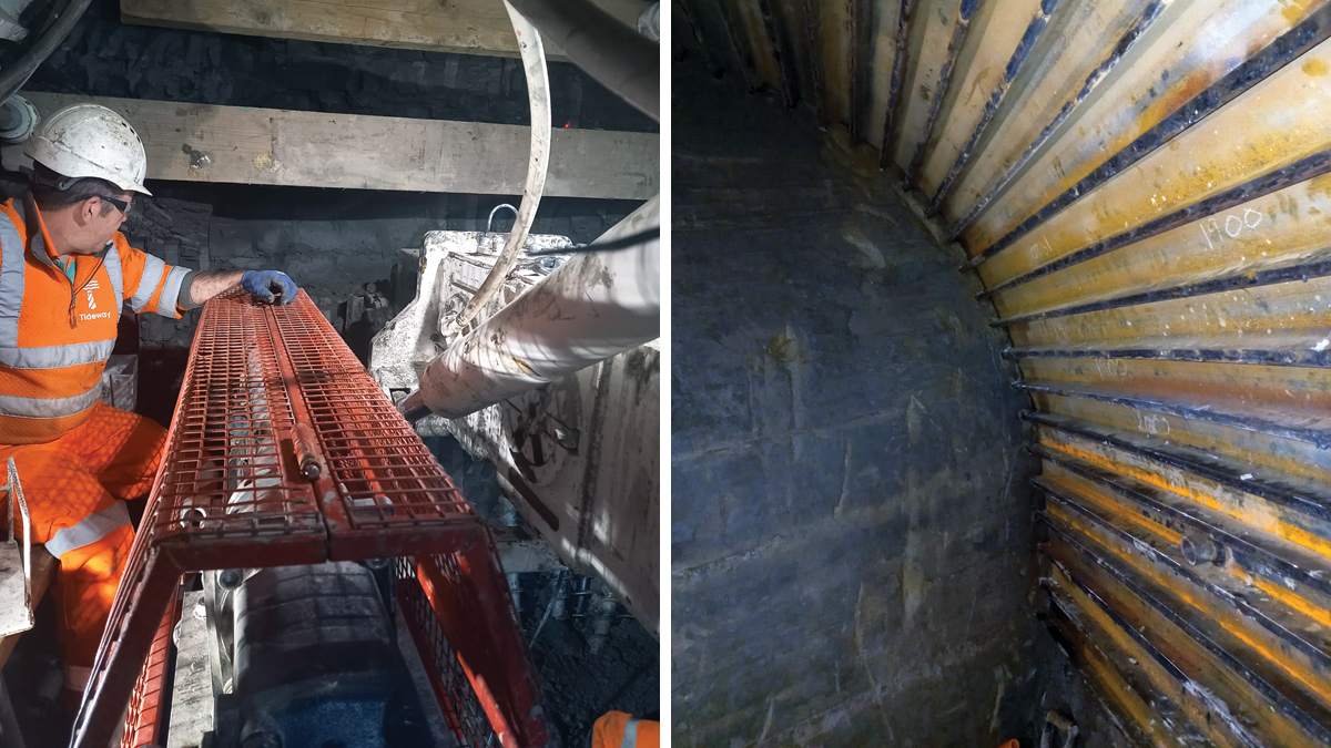 (left) The probe drill in use, forward probing of the tunnel face before full excavation as part of the WPP and (right) temporary support from within the sacrificial outer skin of the TEM once the tunnel drive was completed - Courtesy of Barhale