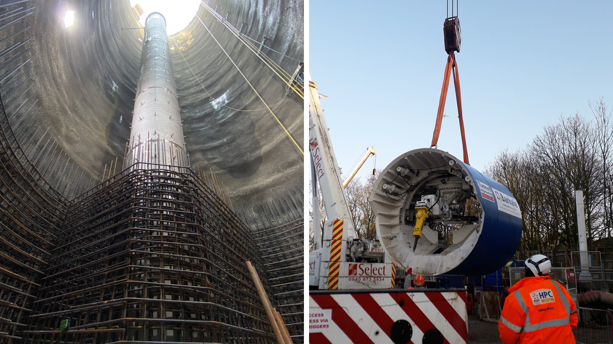 (left) Barn Elms shaft under construction and (right) the 2.5m ID tunnel excavator machine (TEM) being lowered into drive shaft - Courtesy of Barhale