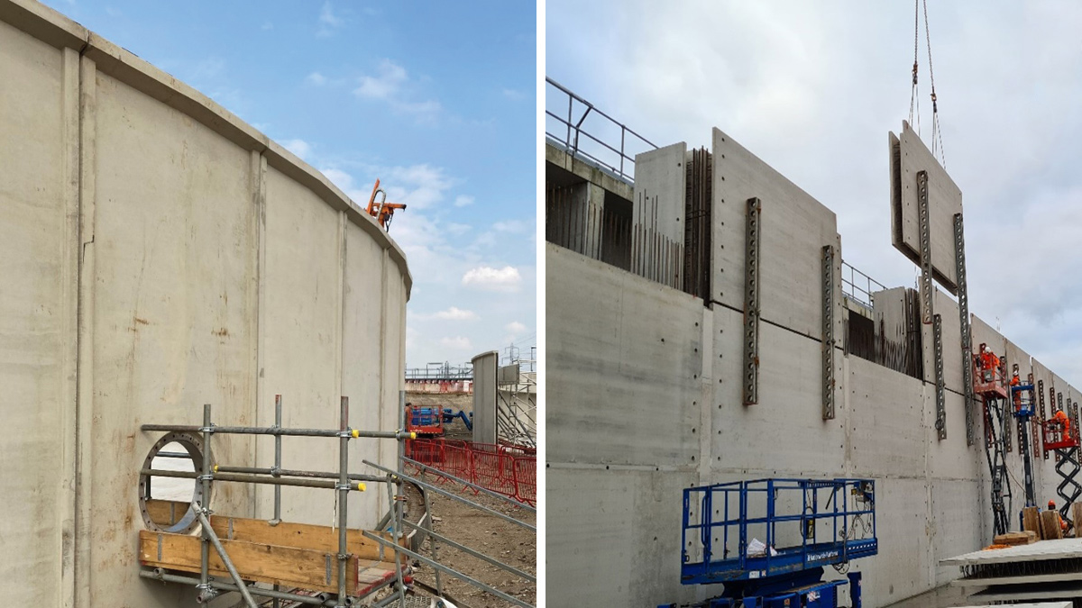 Engineered safety: (left) use of access hatch to internally access FST during precast wall installation  and (right) use of RMD soldiers for aeration tank construction - Courtesy of Laing O’Rourke