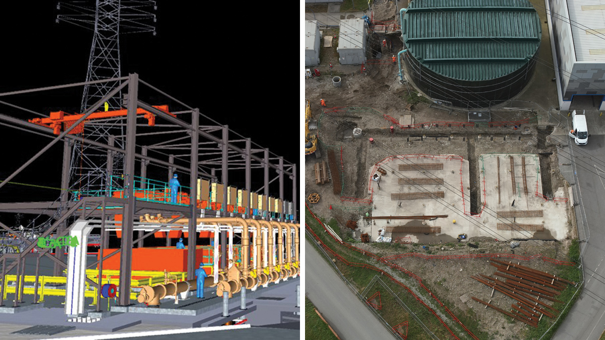 (left) Extract from 3D BIM model: raw sludge screens and (right) raw sludge screen civil works - Courtesy of Laing O’Rourke