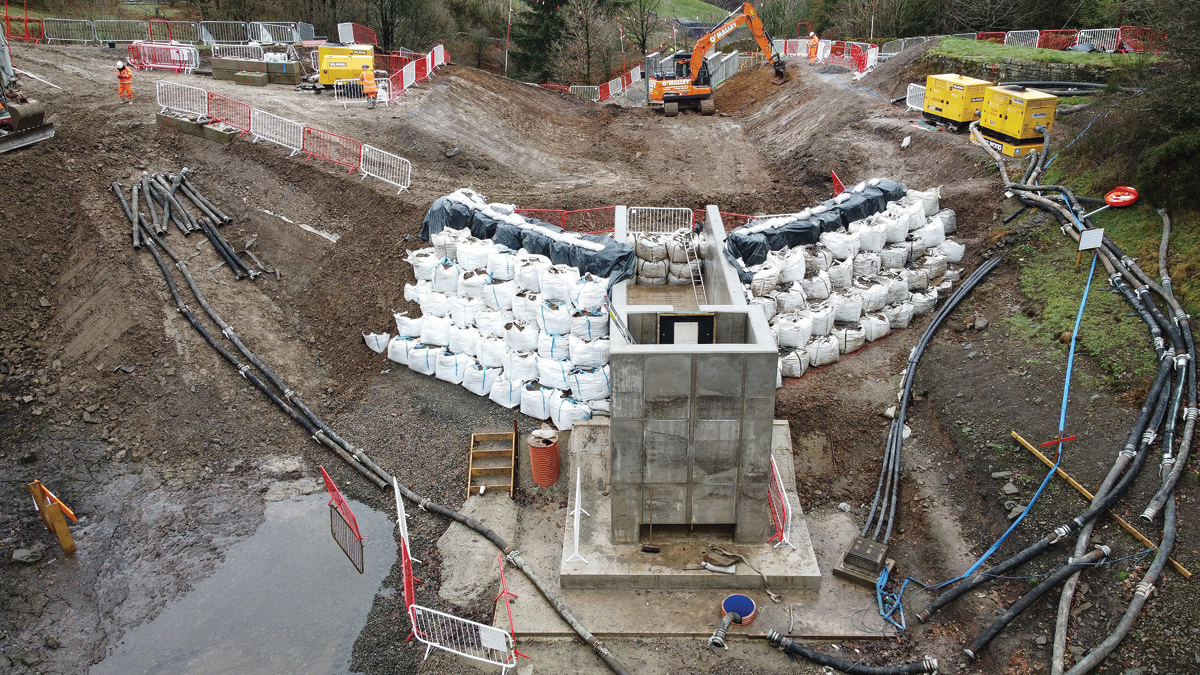 Bulk bag bund to inlet structure and excavation of notch - Courtesy of Eric Wright Civil Engineering