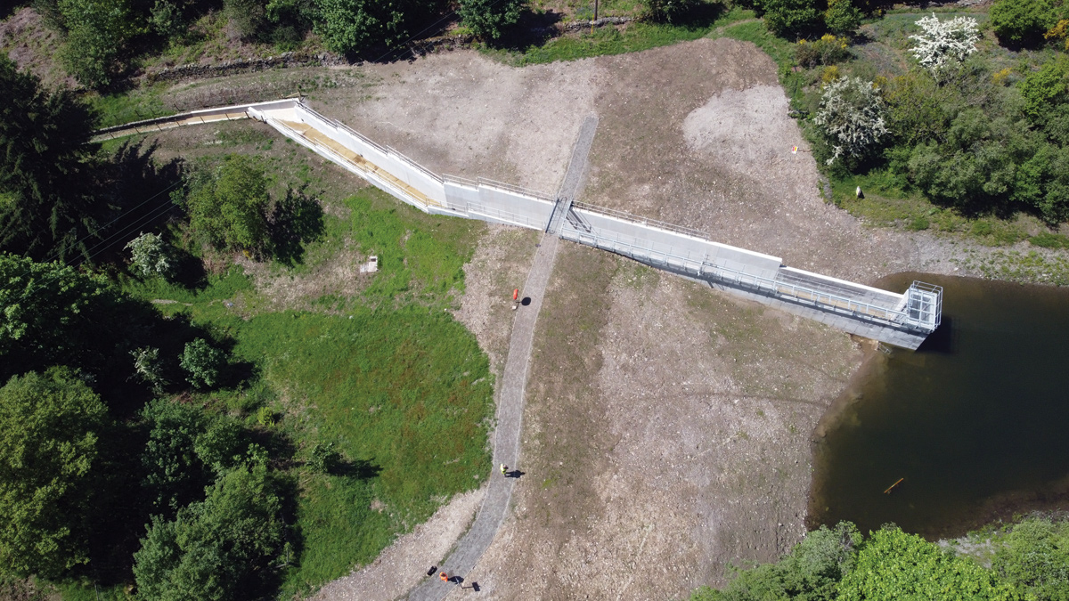 Aerial view of completed spillway with basin refilled and footpath reopened - Courtesy of Eric Wright Civil Engineering